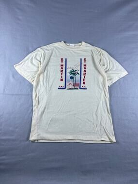 Vintage St Martin St Maarten T-Shirt Mens M Cream Palm Tree Graphics Print Tee